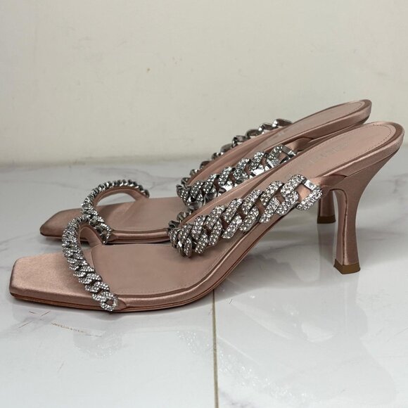 Gedebe Beige Satin LILY Crystal Embellished Chain Kitten Heel Mules Sandals 37.5 - Picture 6 of 9